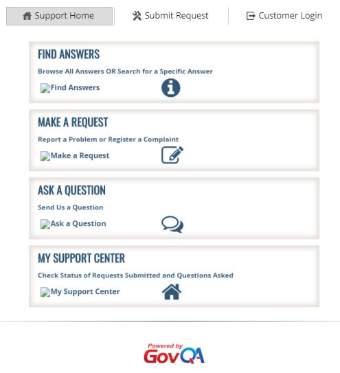 GovQA Webpage Screenshot for Submitting Requests and Reports