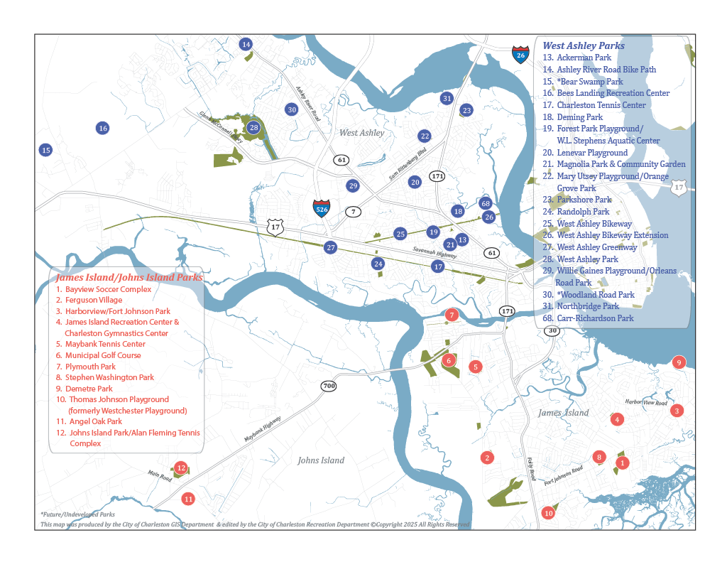 Map showing City of Charleston parks and recreation facilities in West Ashley, James Island, and Joh