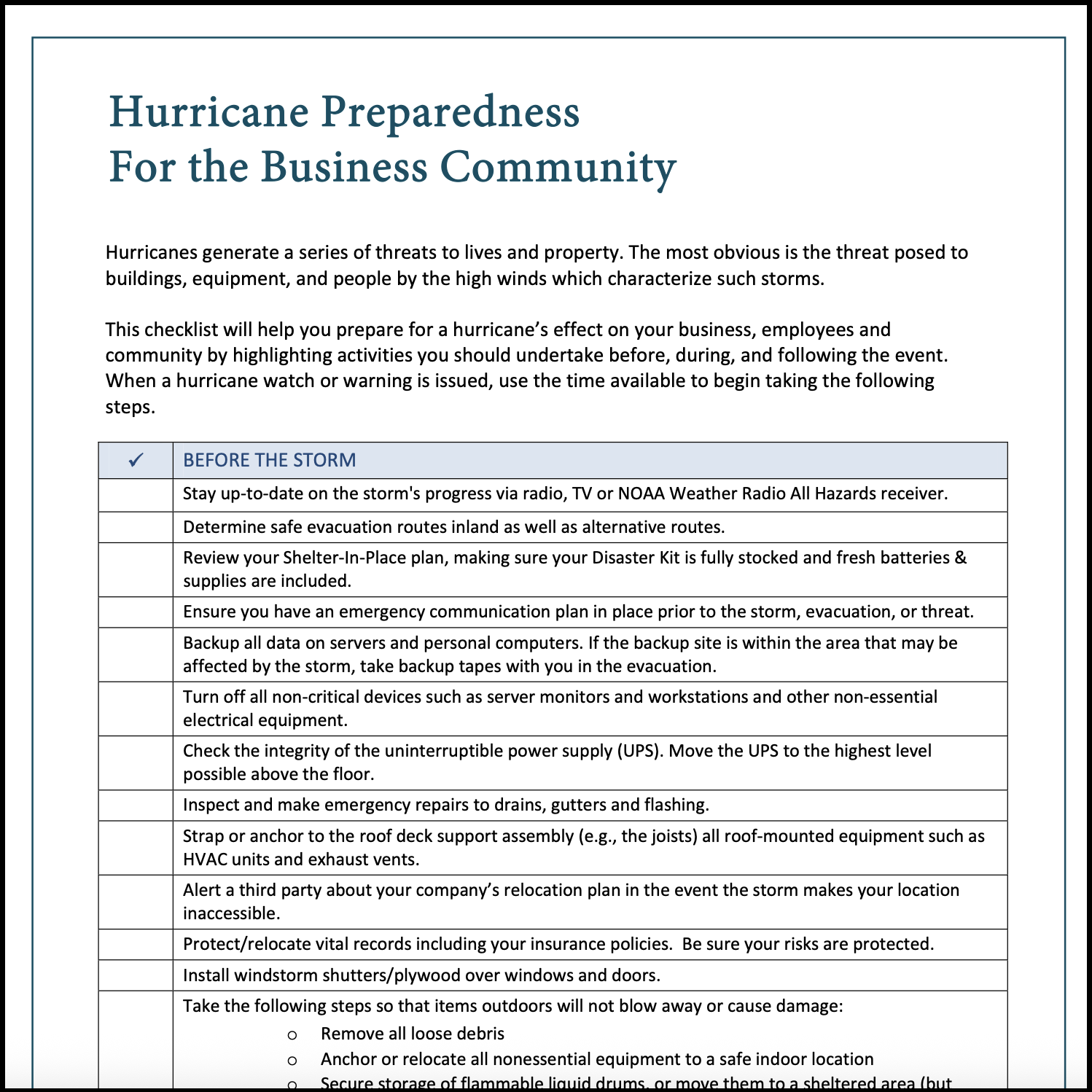 Hurricane Preparedness for the Business Community